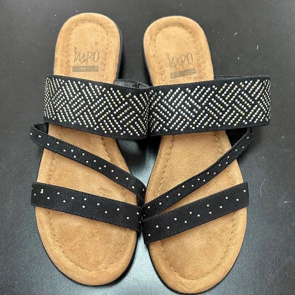 IMPO Black Beaded Multi-strap Slide Sandals
